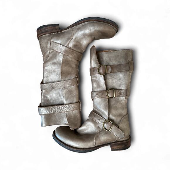 Fiorentini + Baker Eternity Buckle Metallic Leather Gold Silver Moto Boots 37.5 - Picture 1 of 7